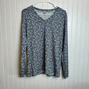 Land's End Red Blue Floral V Neck Long Sleeve Top medium tall O54